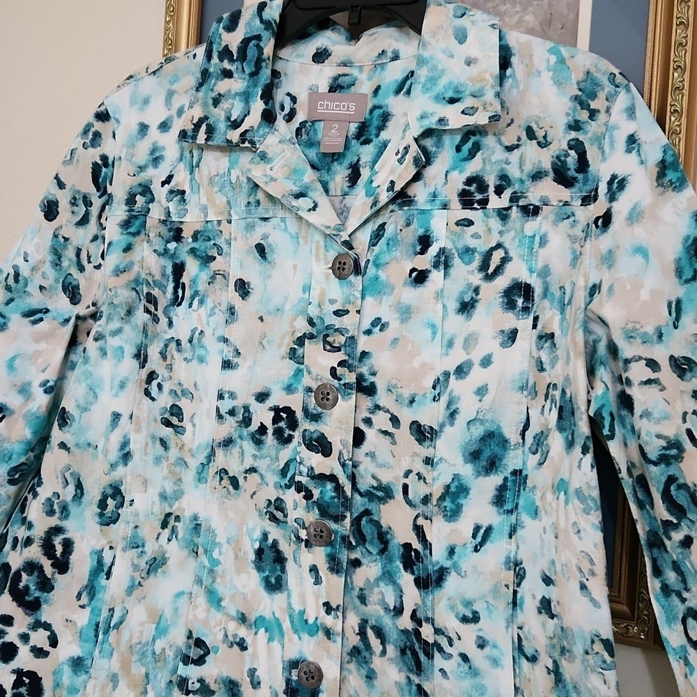 Chico's Blue Leopard Print Women's Jacket Pockets Medium Contemporary Office - Picture 2 of 8